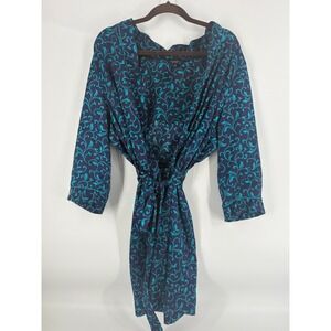 George Women's Navy Blue Teal Swirl Print‎ Robe Kimono Style Loungewear L/G